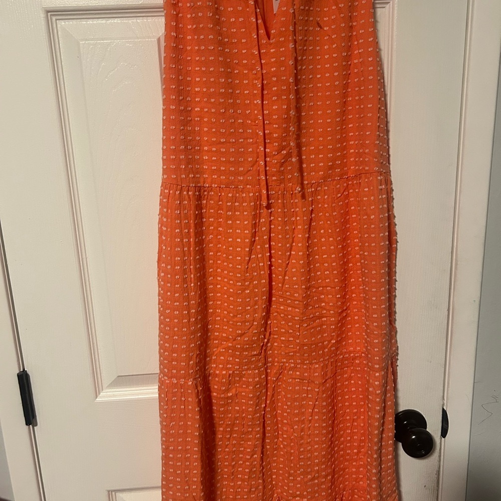NWT LOFT Orange Swiss Dot Ruffle Neck Dress - Size S